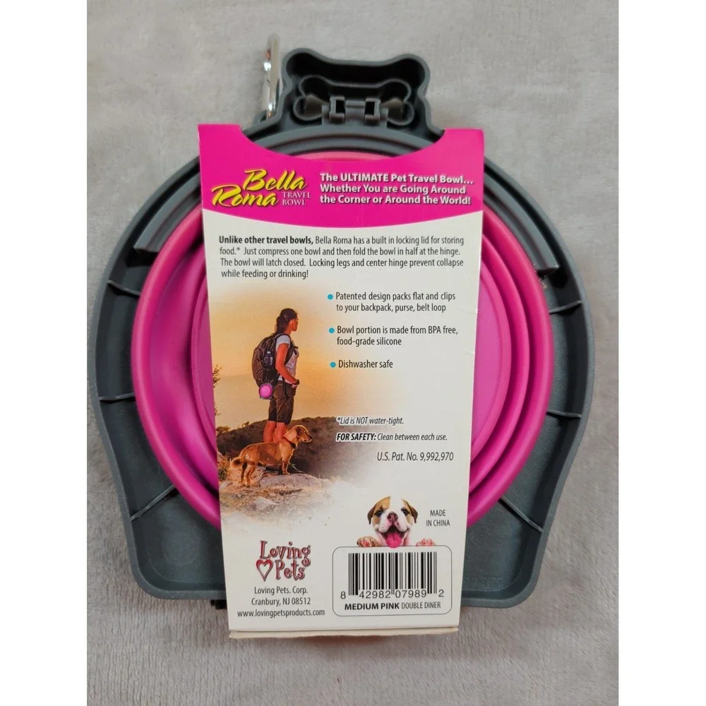 Loving Pets Bella Roma Double Diner Collapsible Pet Travel Bowl Pink Medium 24oz